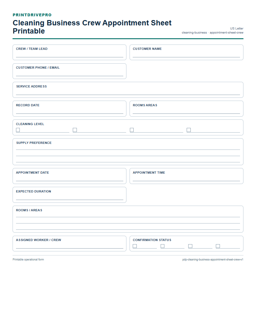 Cleaning Business Crew Appointment Sheet Printable preview