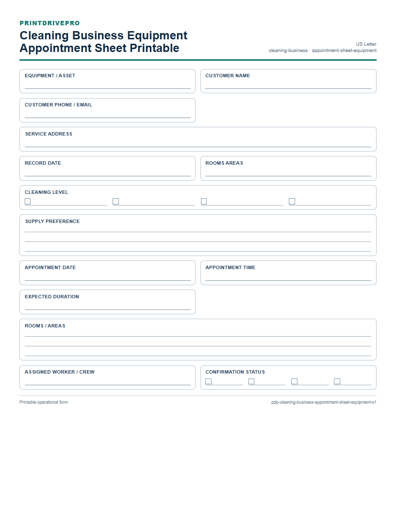 Cleaning Business Equipment Appointment Sheet Printable preview