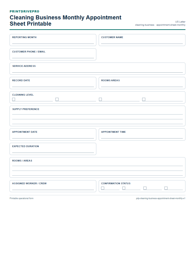 Cleaning Business Monthly Appointment Sheet Printable preview