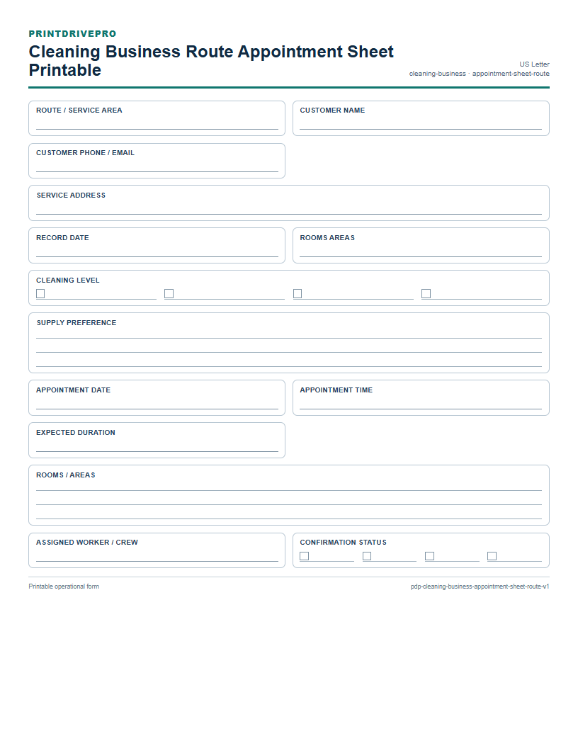 Cleaning Business Route Appointment Sheet Printable preview
