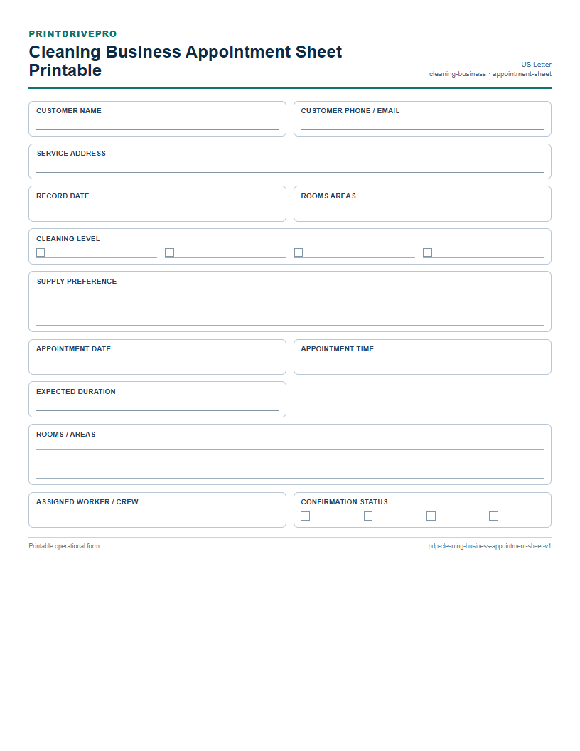 Cleaning Business Appointment Sheet Printable preview