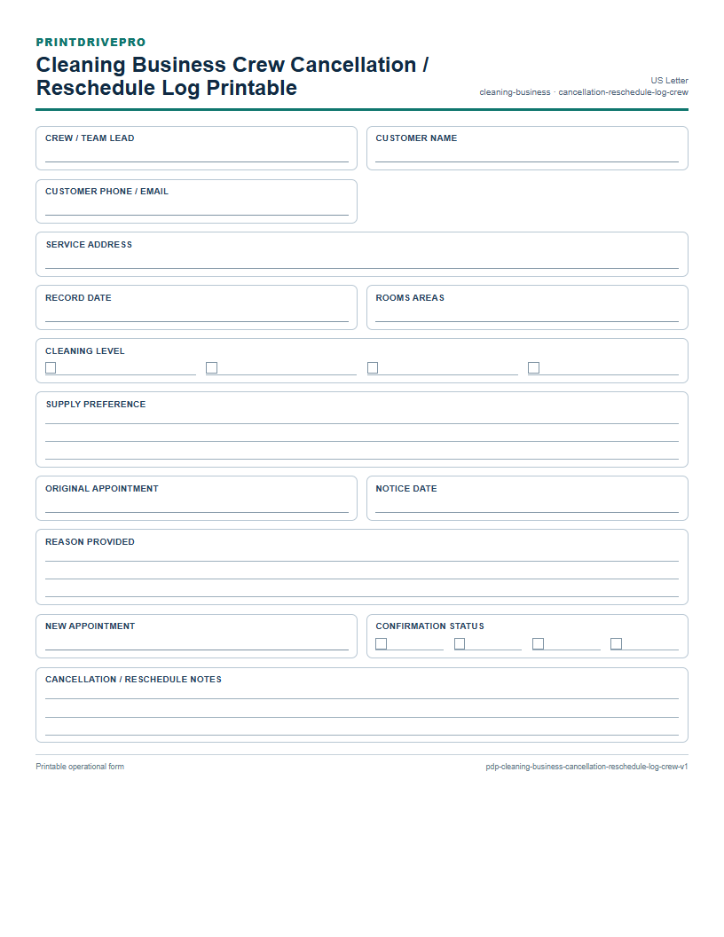 Cleaning Business Crew Cancellation / Reschedule Log Printable preview