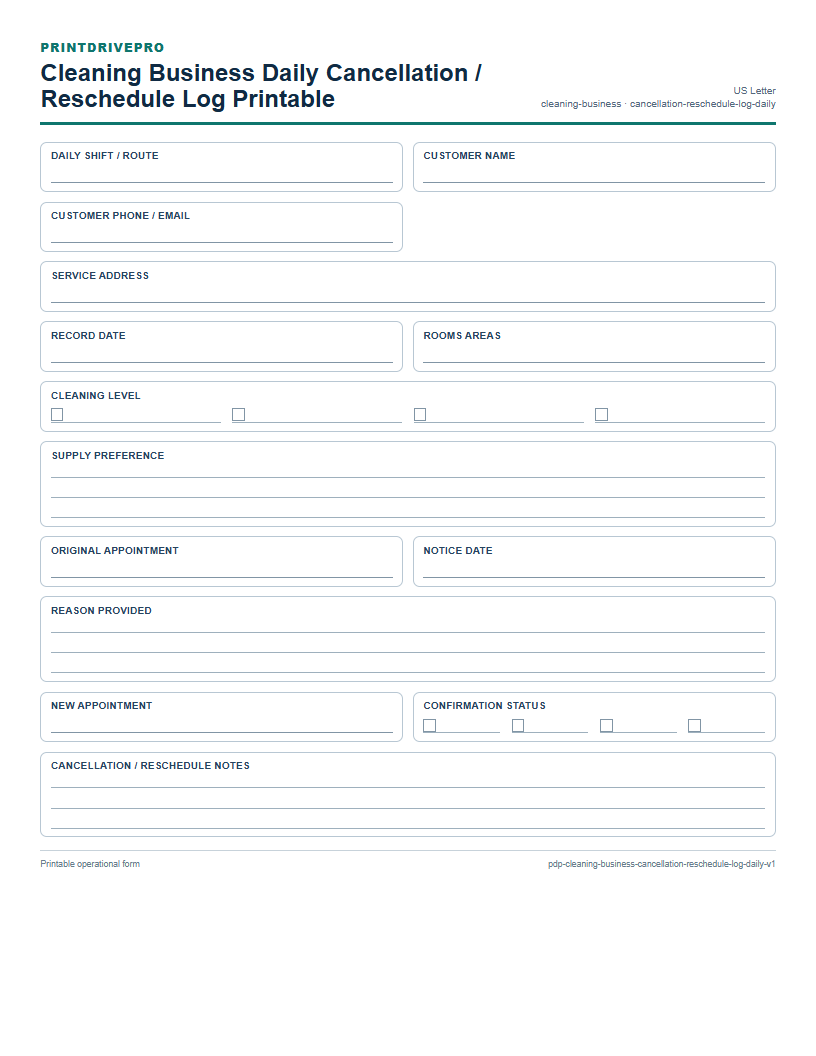 Cleaning Business Daily Cancellation / Reschedule Log Printable preview