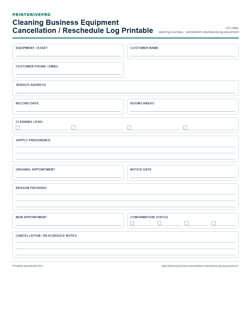 Cleaning Business Equipment Cancellation / Reschedule Log Printable preview