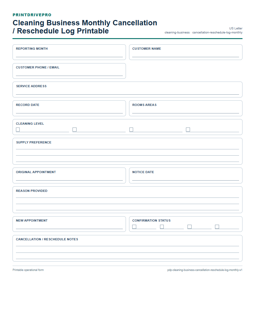 Cleaning Business Monthly Cancellation / Reschedule Log Printable preview