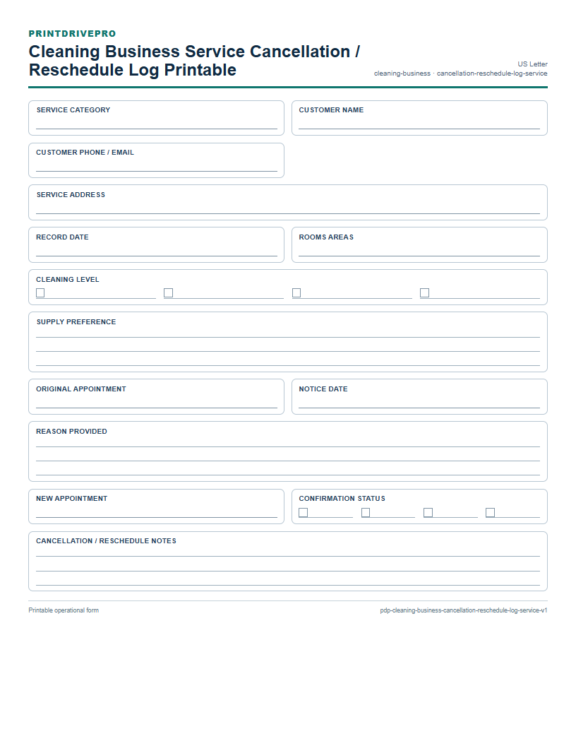 Cleaning Business Service Cancellation / Reschedule Log Printable preview