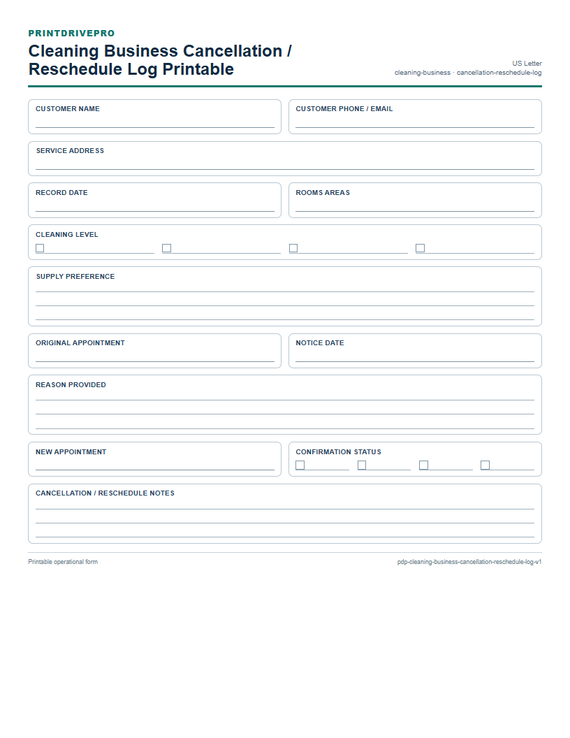 Cleaning Business Cancellation / Reschedule Log Printable preview