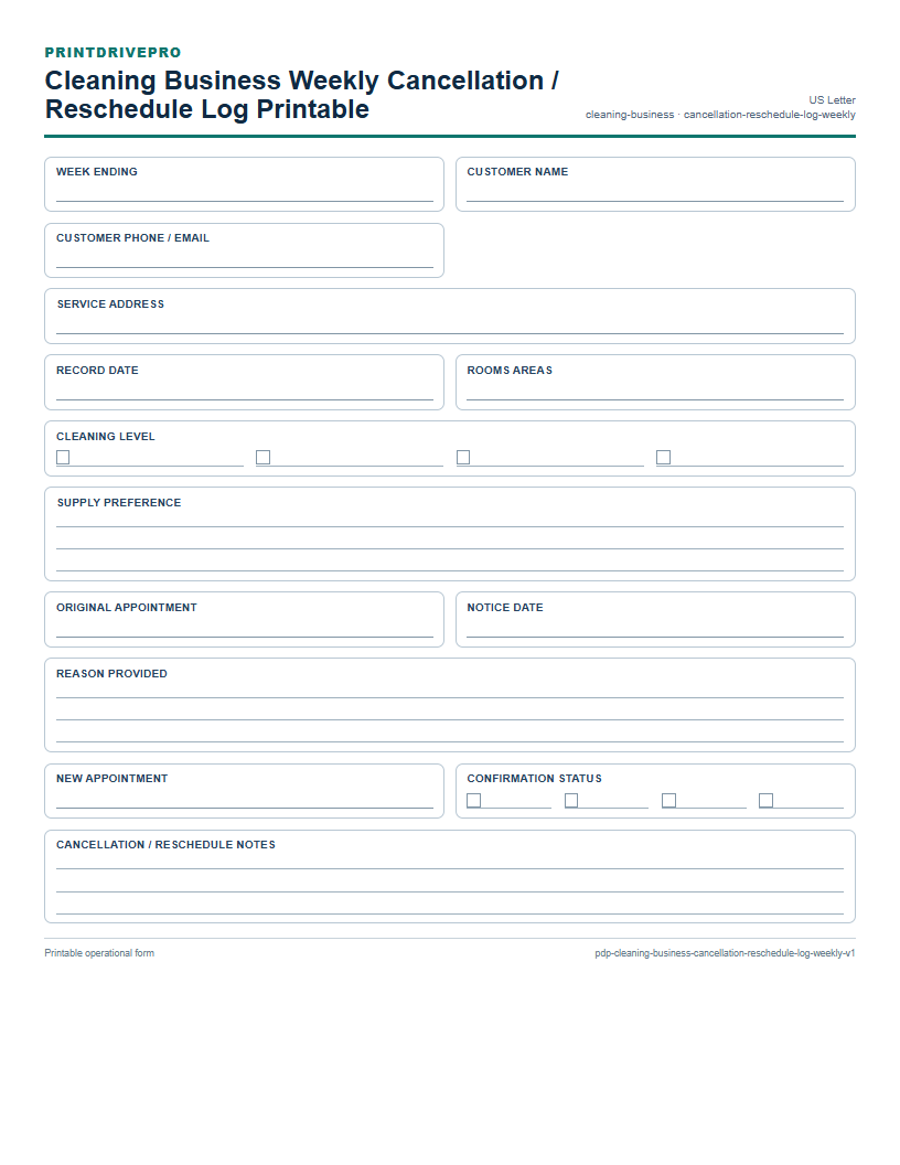 Cleaning Business Weekly Cancellation / Reschedule Log Printable preview