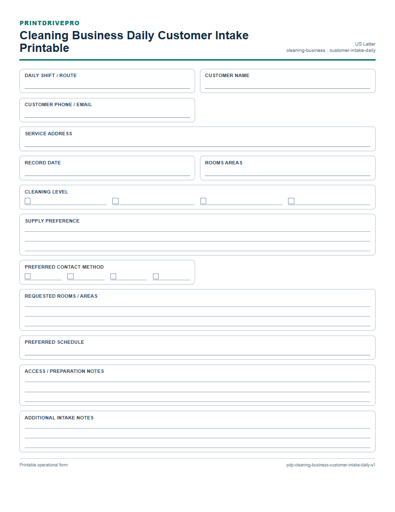 Cleaning Business Daily Customer Intake Printable preview