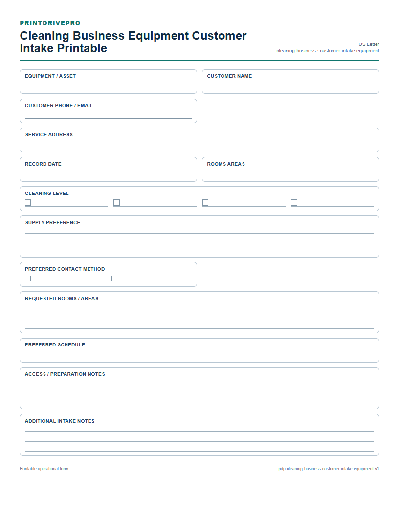 Cleaning Business Equipment Customer Intake Printable preview