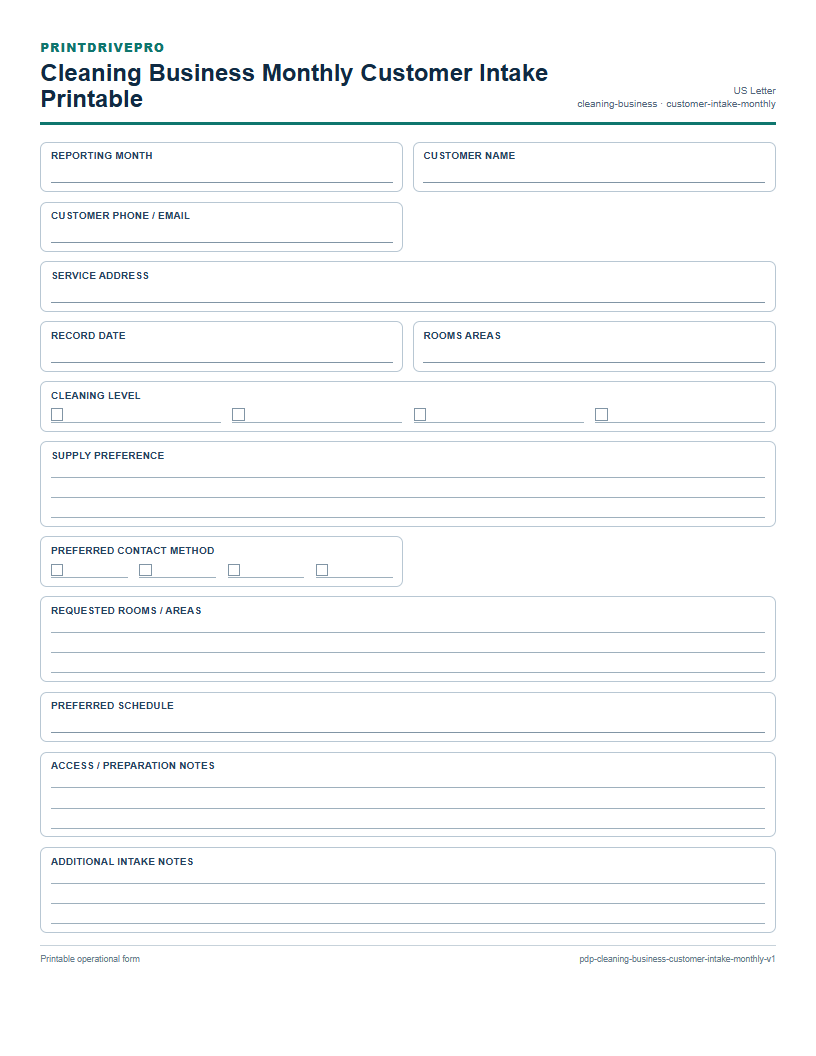 Cleaning Business Monthly Customer Intake Printable preview