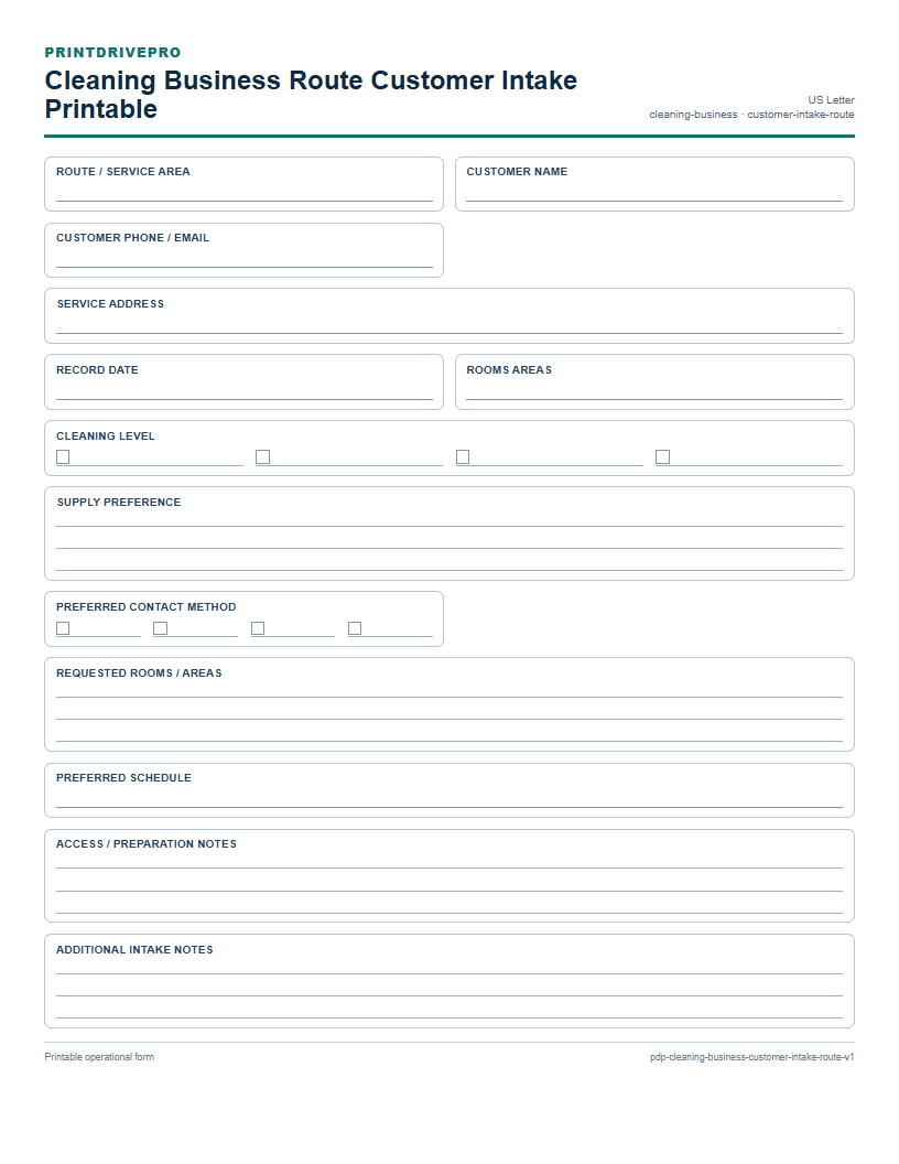 Cleaning Business Route Customer Intake Printable preview