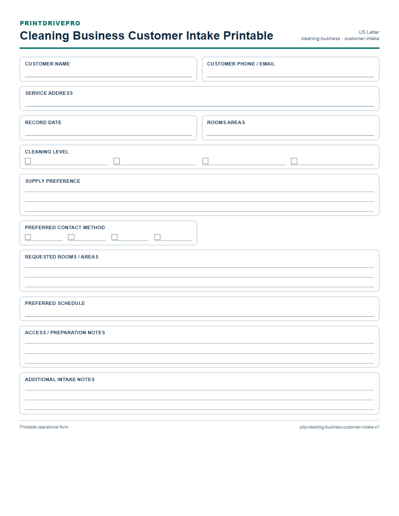 Cleaning Business Customer Intake Printable preview