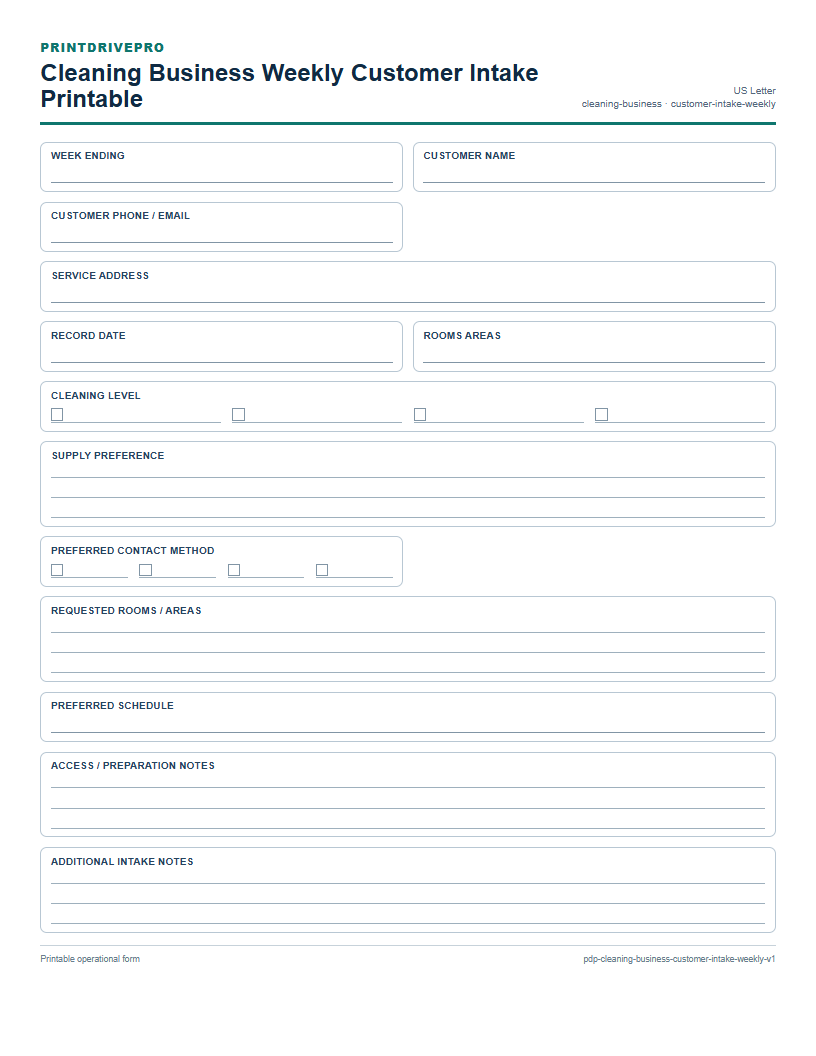 Cleaning Business Weekly Customer Intake Printable preview