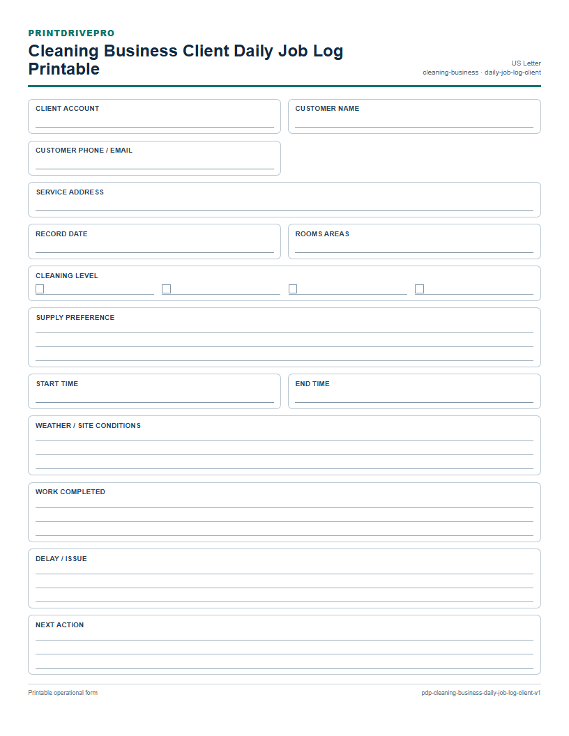 Cleaning Business Client Daily Job Log Printable preview