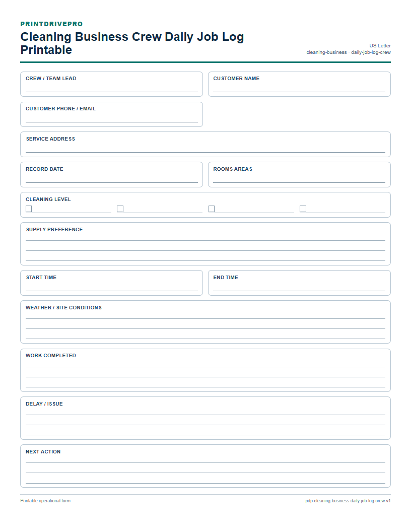 Cleaning Business Crew Daily Job Log Printable preview