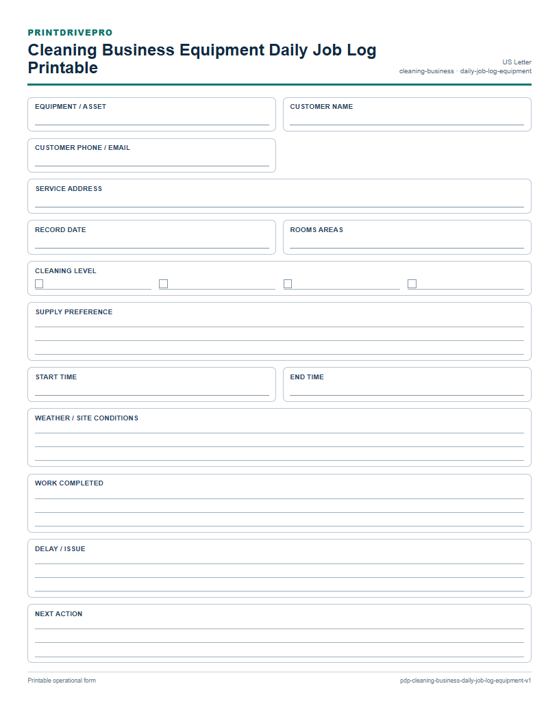 Cleaning Business Equipment Daily Job Log Printable preview