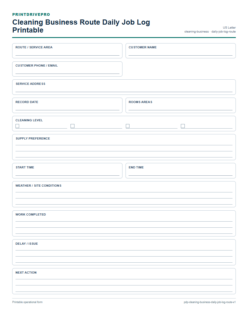 Cleaning Business Route Daily Job Log Printable preview