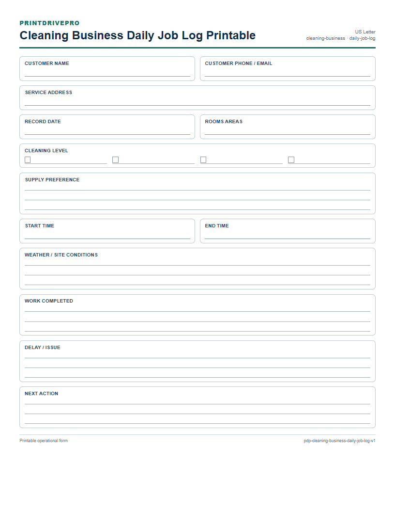 Cleaning Business Daily Job Log Printable preview