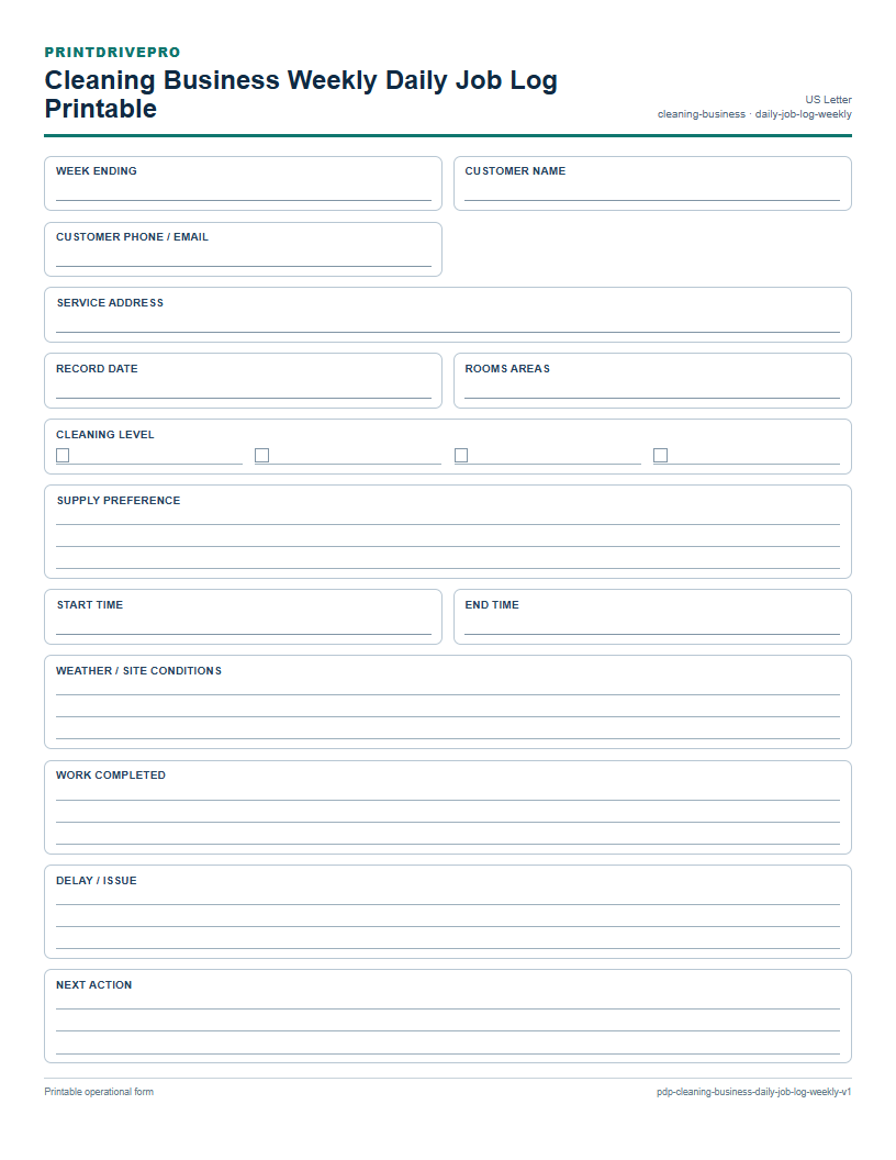 Cleaning Business Weekly Daily Job Log Printable preview