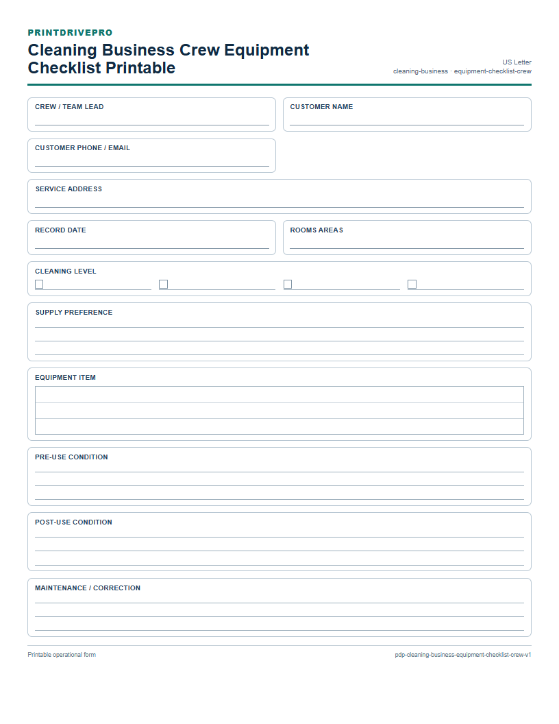 Cleaning Business Crew Equipment Checklist Printable preview