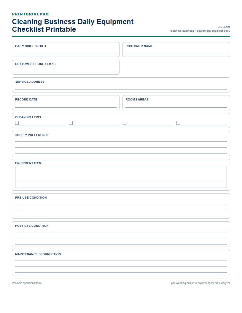 Cleaning Business Daily Equipment Checklist Printable preview
