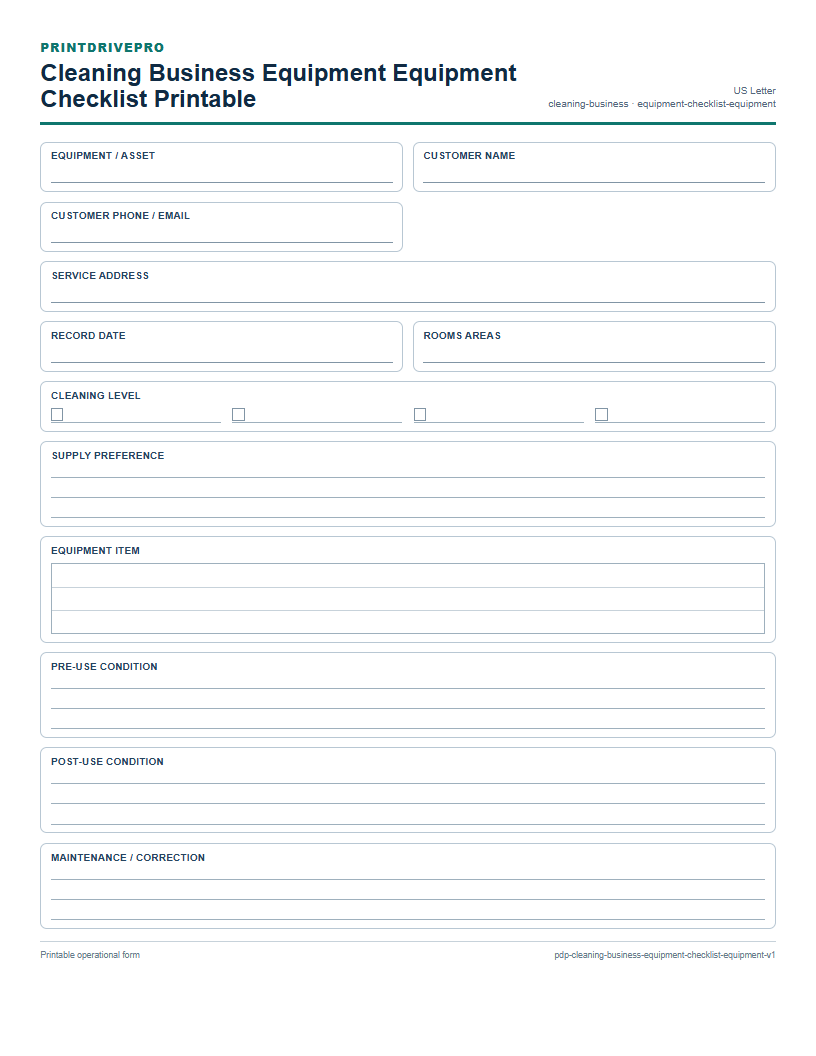 Cleaning Business Equipment Equipment Checklist Printable preview