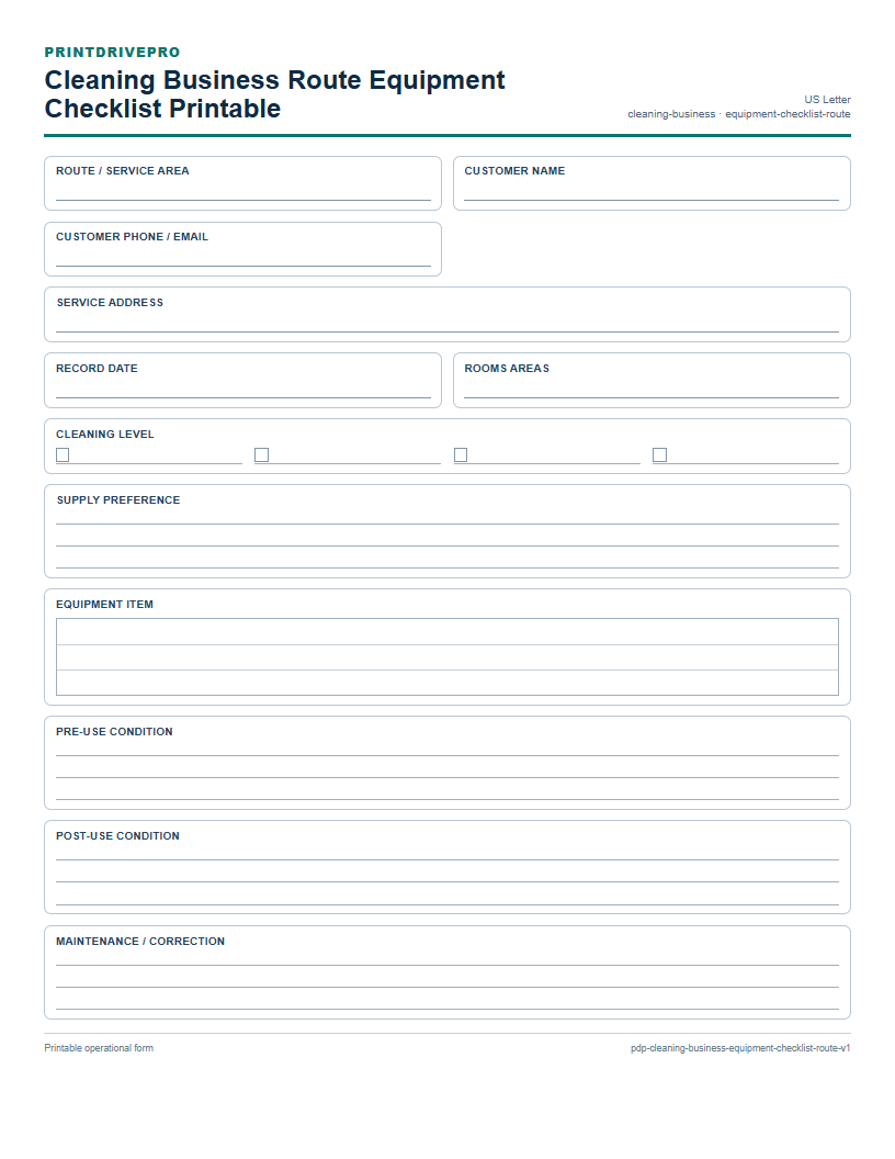 Cleaning Business Route Equipment Checklist Printable preview