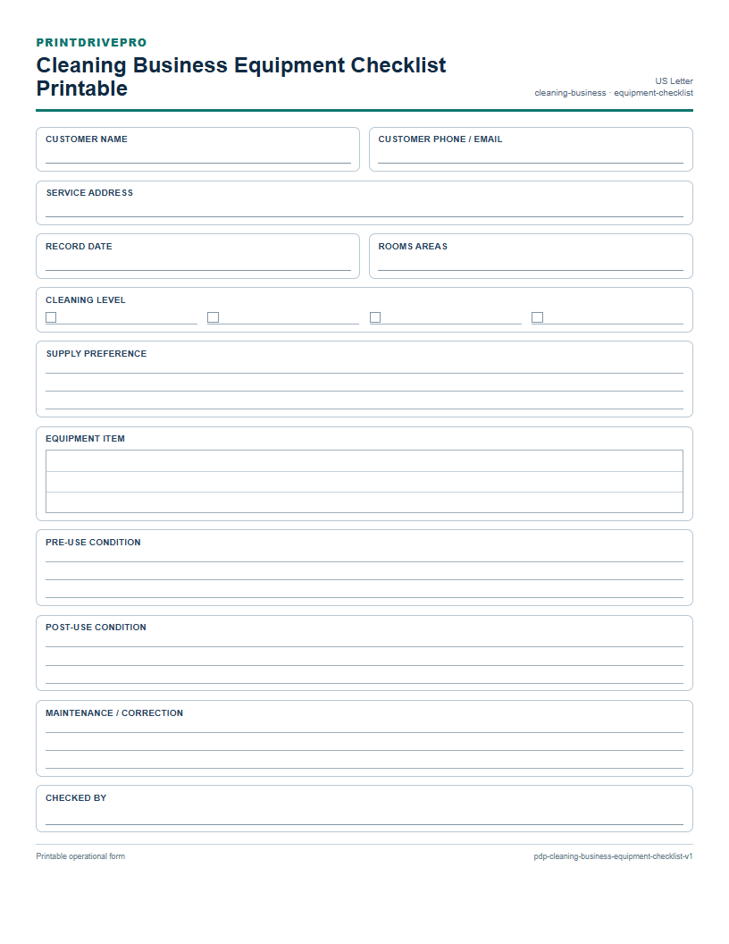 Cleaning Business Equipment Checklist Printable preview