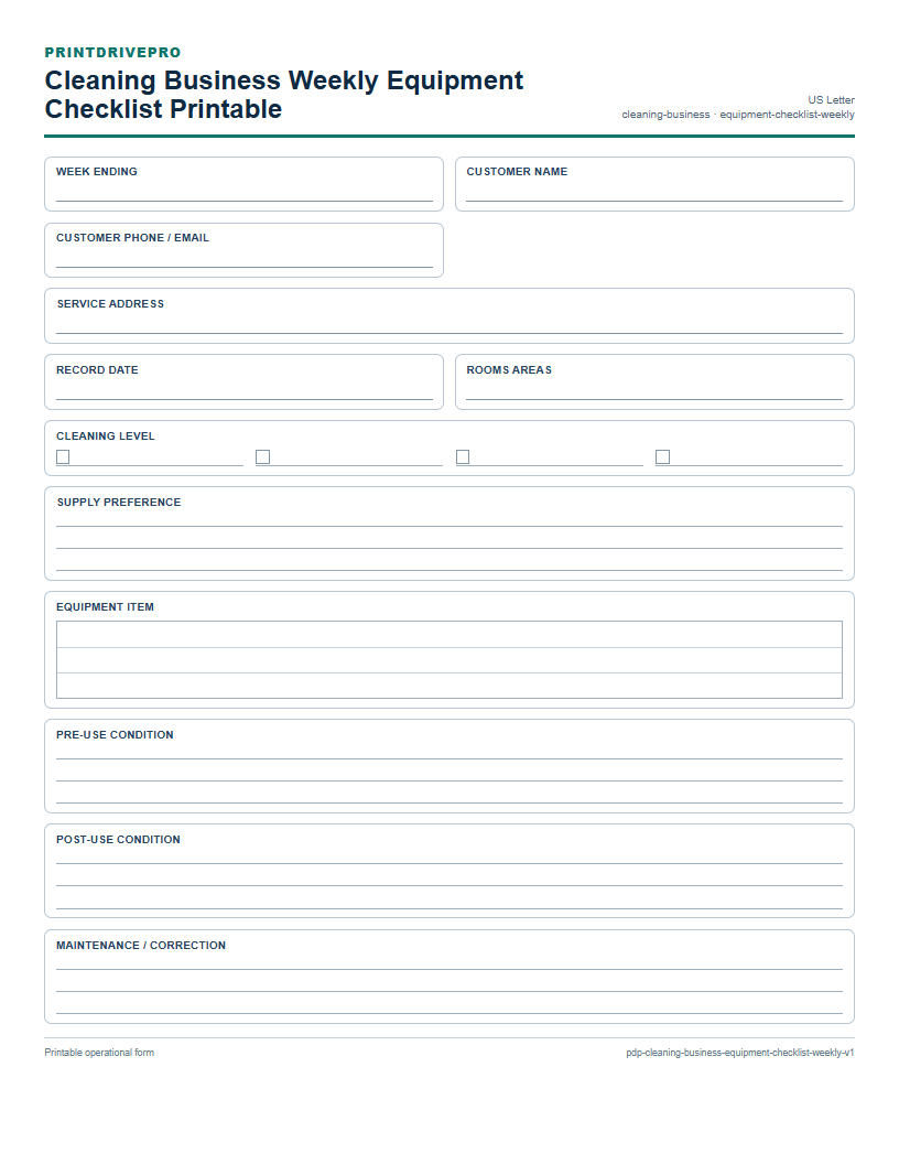 Cleaning Business Weekly Equipment Checklist Printable preview