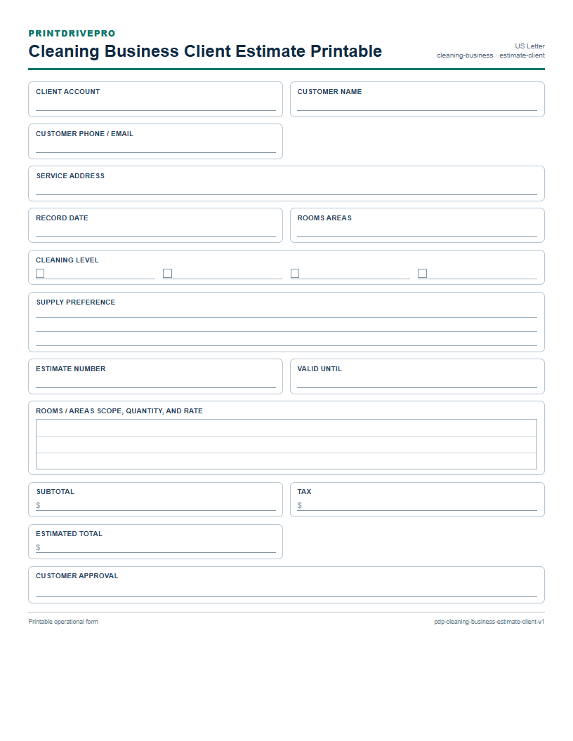 Cleaning Business Client Estimate Printable preview