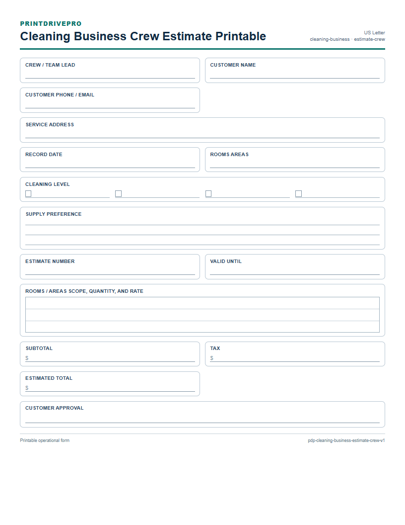Cleaning Business Crew Estimate Printable preview