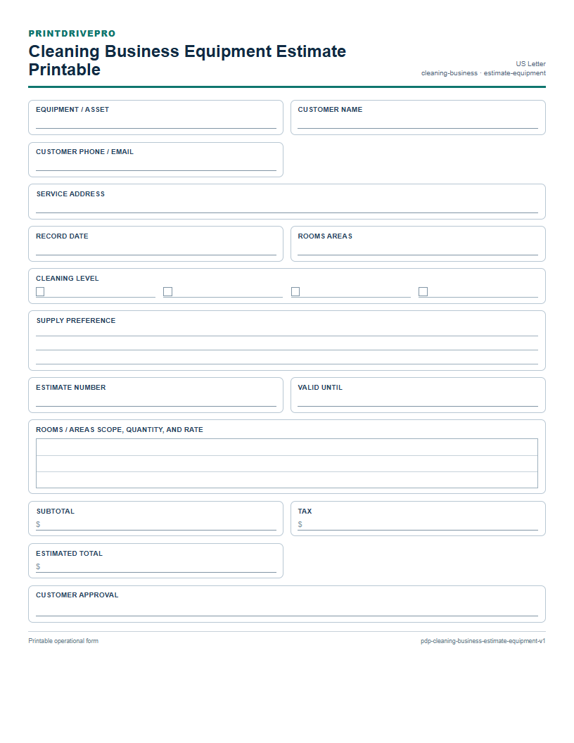 Cleaning Business Equipment Estimate Printable preview
