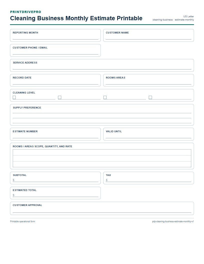 Cleaning Business Monthly Estimate Printable preview