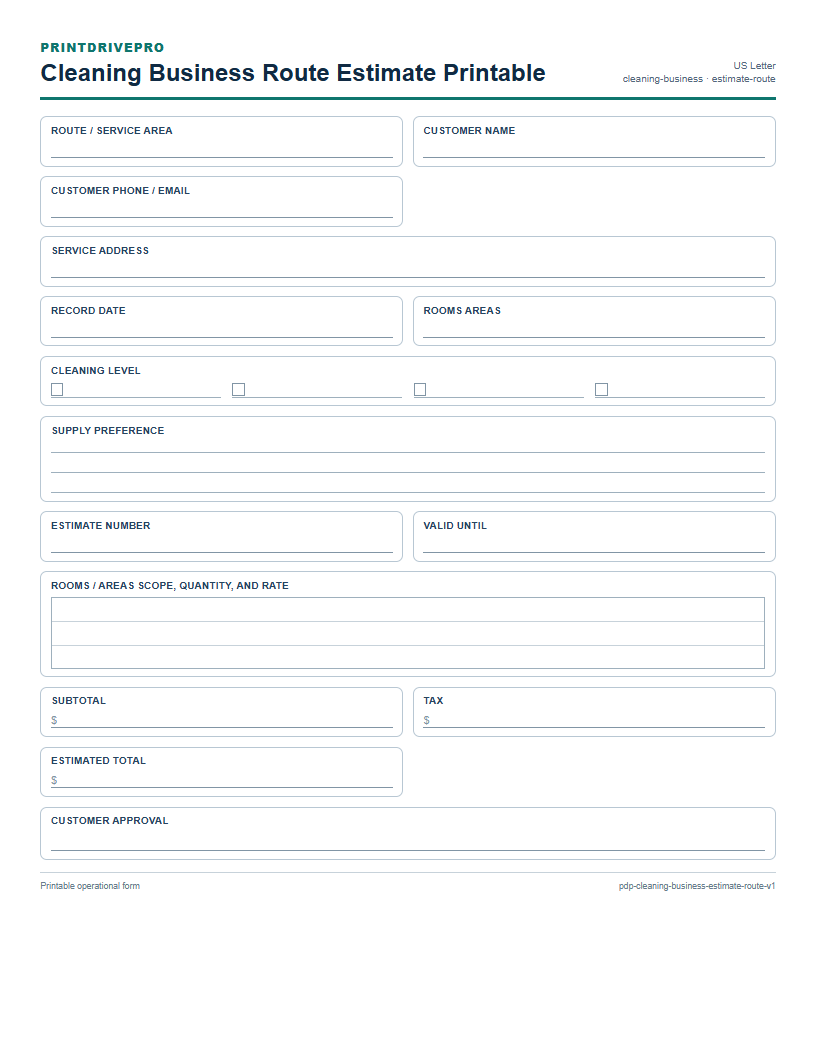 Cleaning Business Route Estimate Printable preview