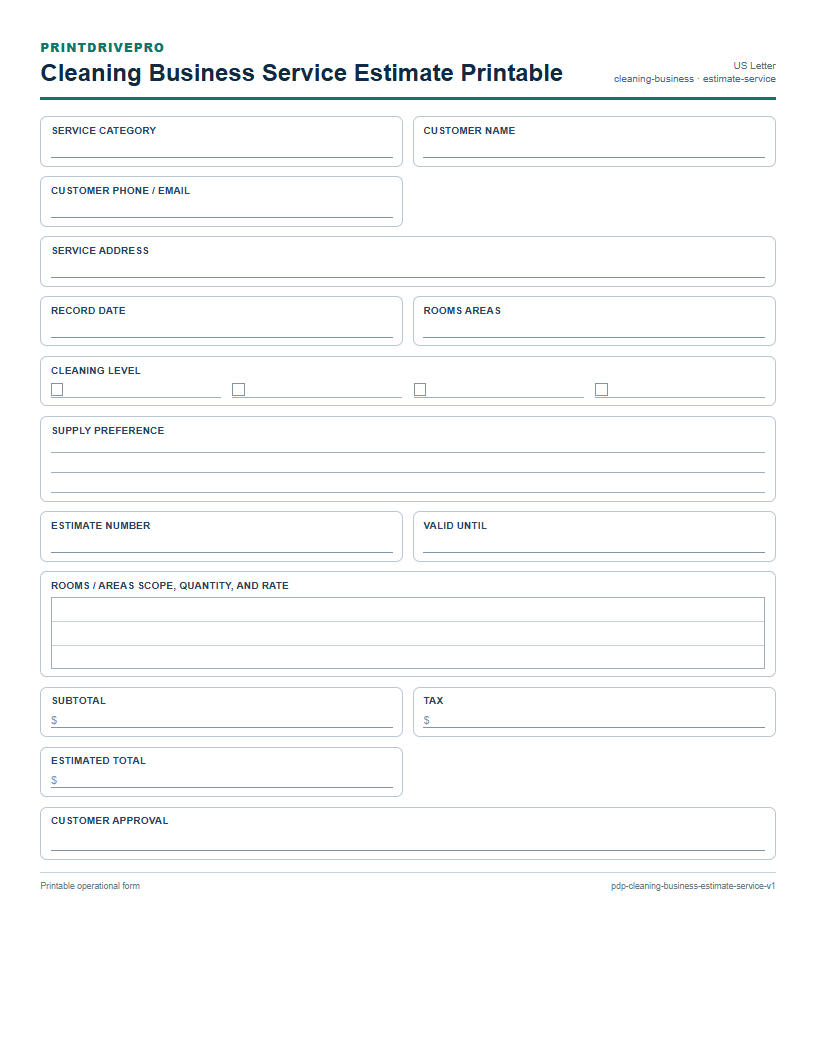 Cleaning Business Service Estimate Printable preview
