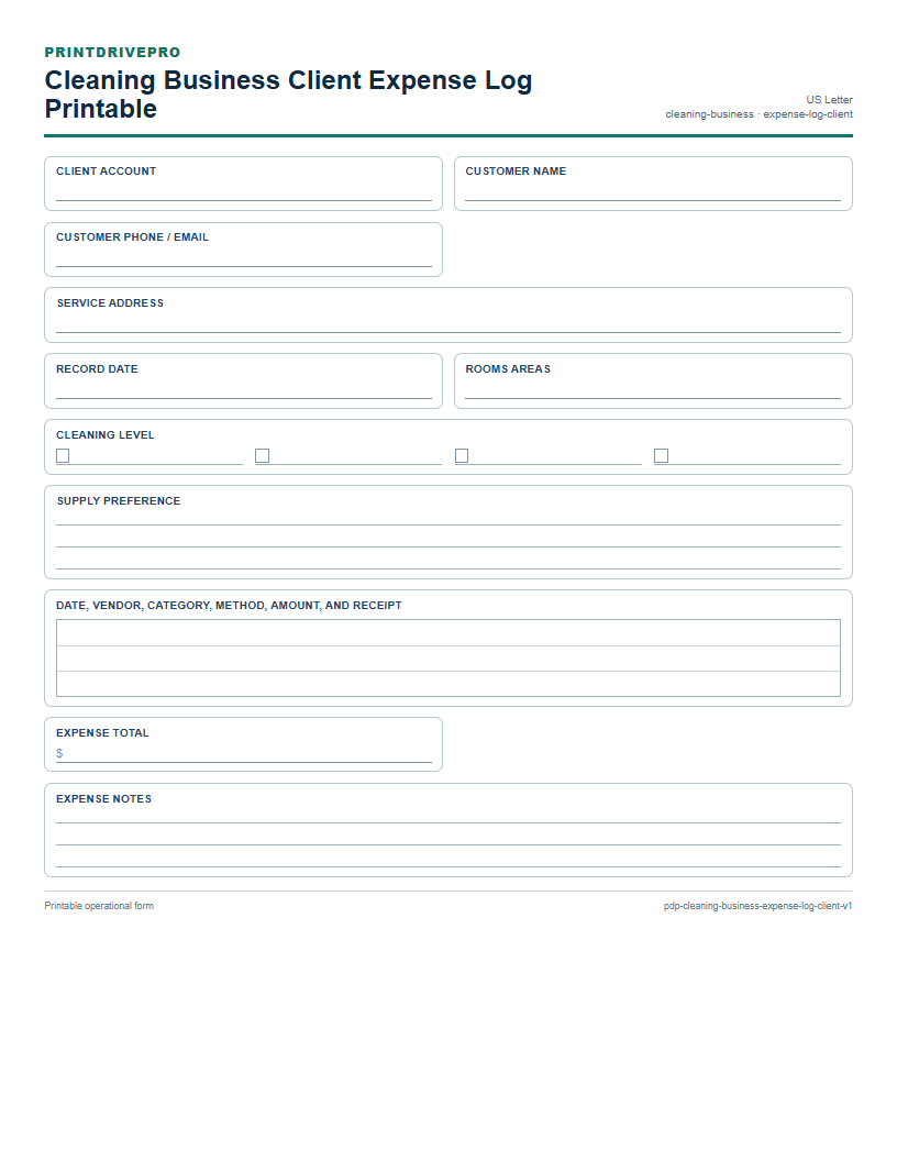 Cleaning Business Client Expense Log Printable preview