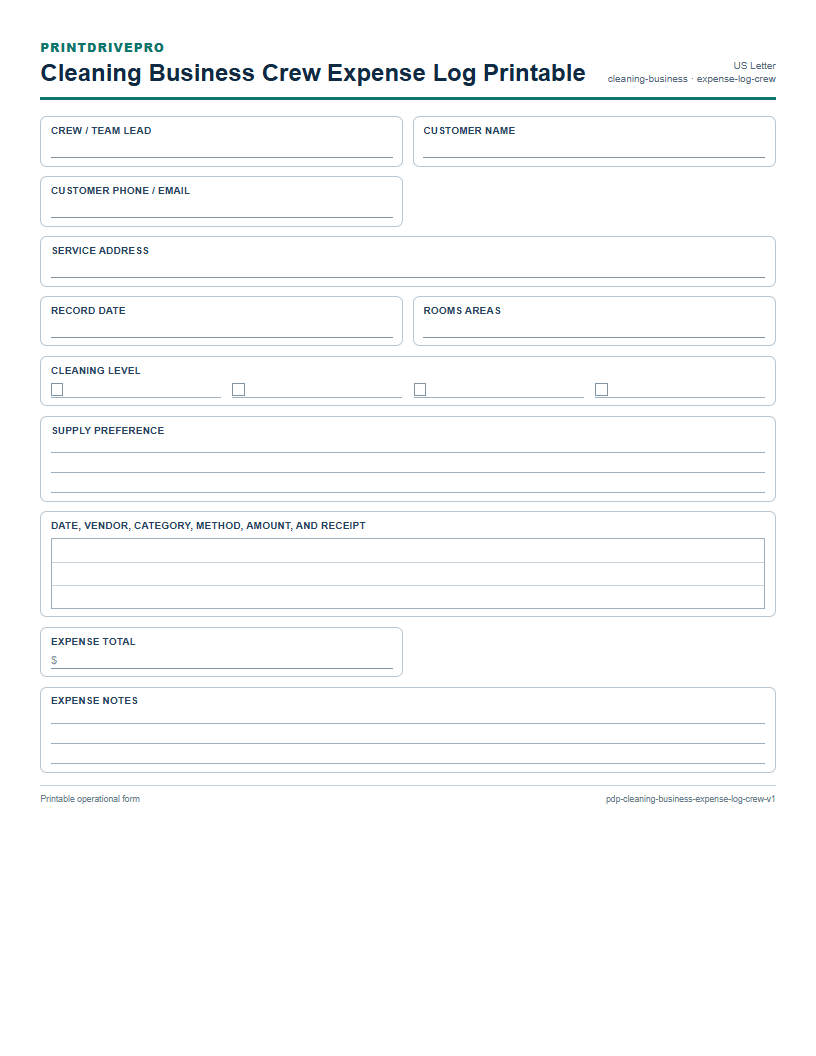 Cleaning Business Crew Expense Log Printable preview