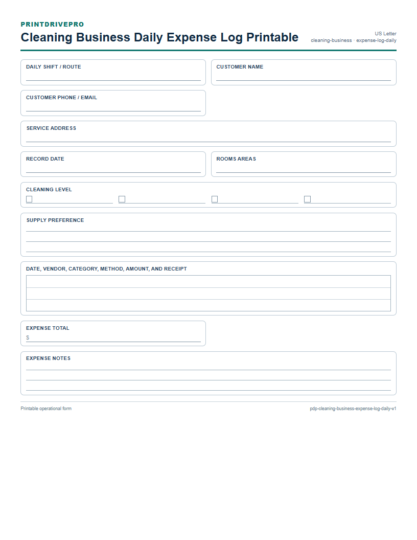 Cleaning Business Daily Expense Log Printable preview