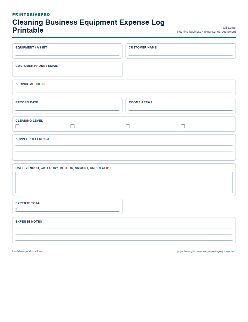 Cleaning Business Equipment Expense Log Printable preview