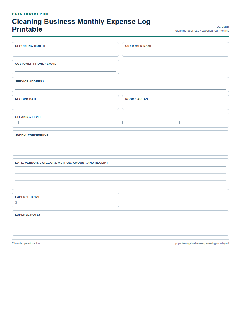 Cleaning Business Monthly Expense Log Printable preview