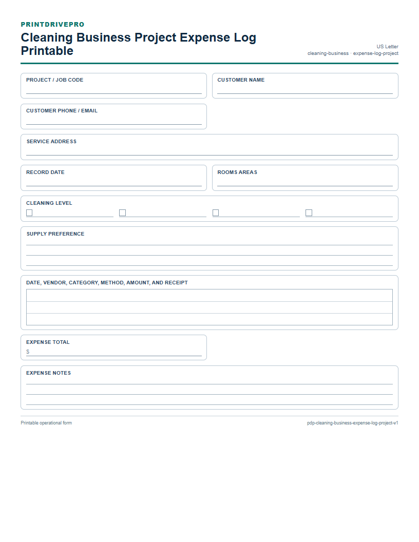 Cleaning Business Project Expense Log Printable preview