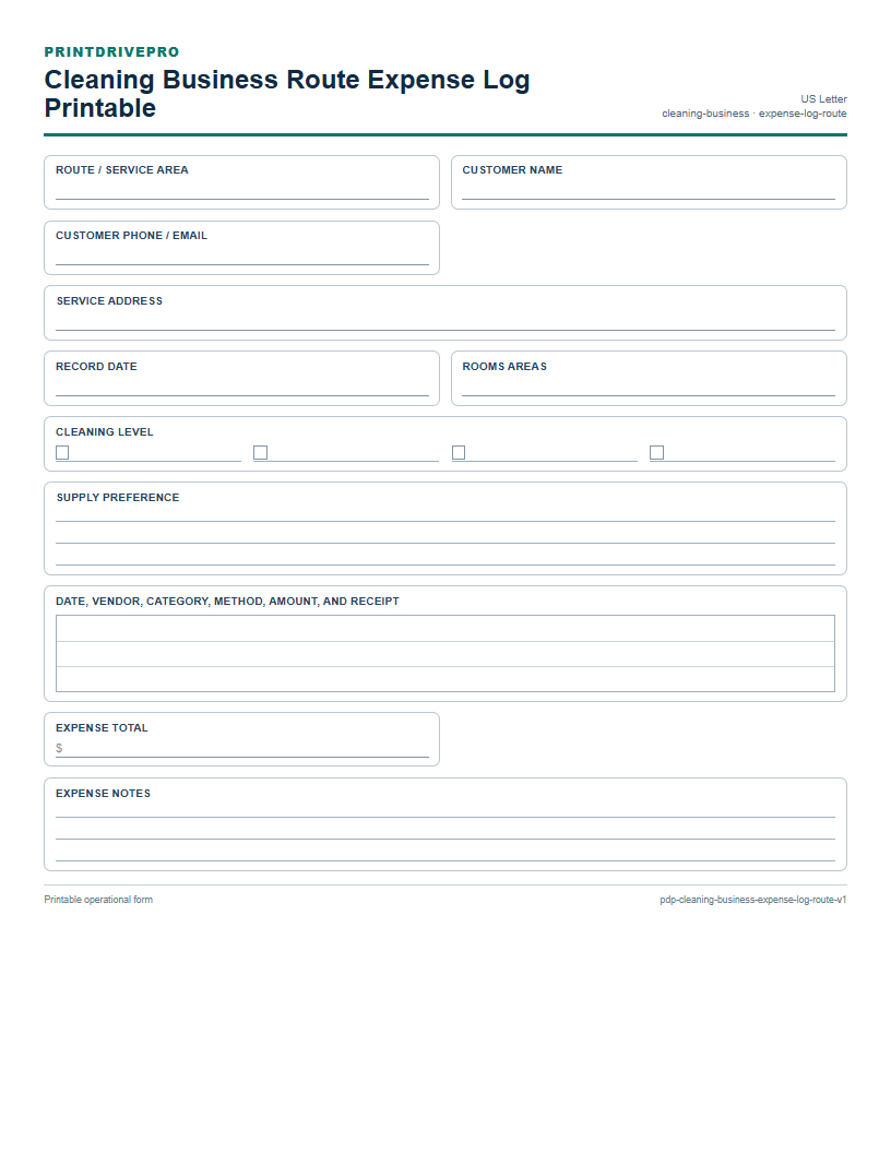 Cleaning Business Route Expense Log Printable preview