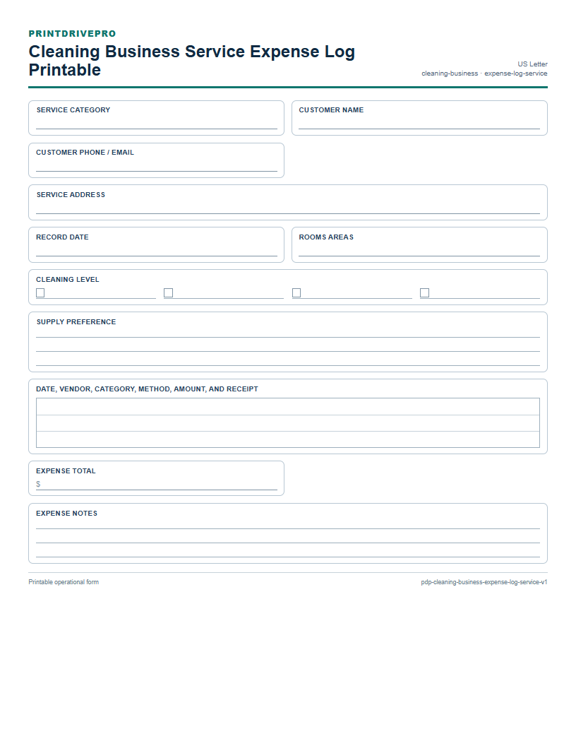 Cleaning Business Service Expense Log Printable preview