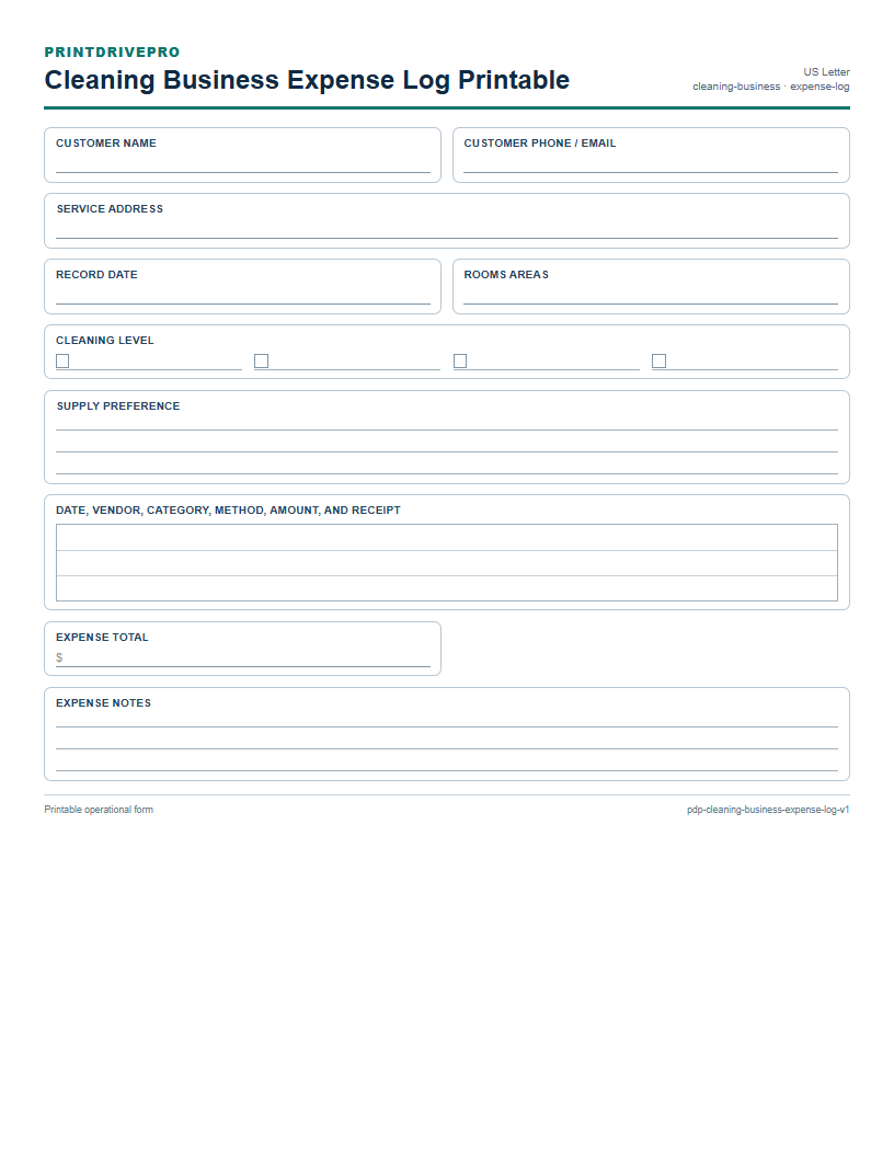 Cleaning Business Expense Log Printable preview