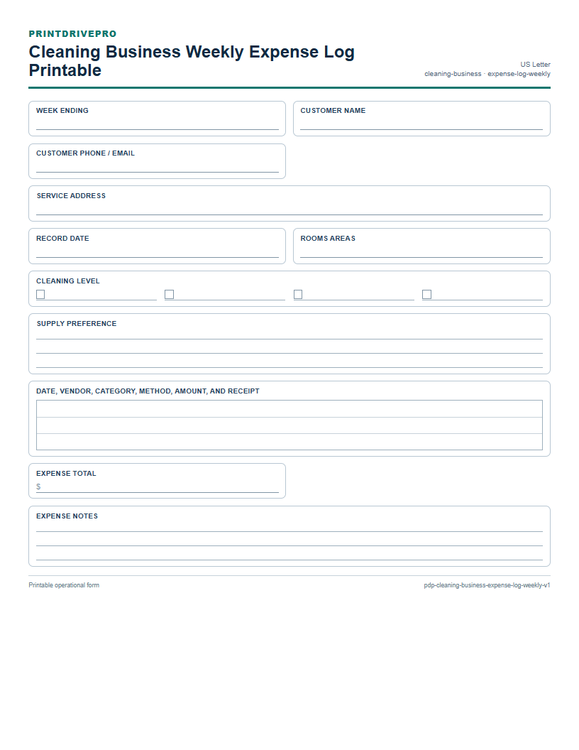 Cleaning Business Weekly Expense Log Printable preview
