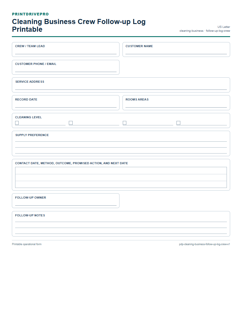 Cleaning Business Crew Follow-up Log Printable preview