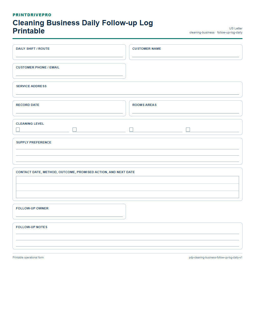 Cleaning Business Daily Follow-up Log Printable preview