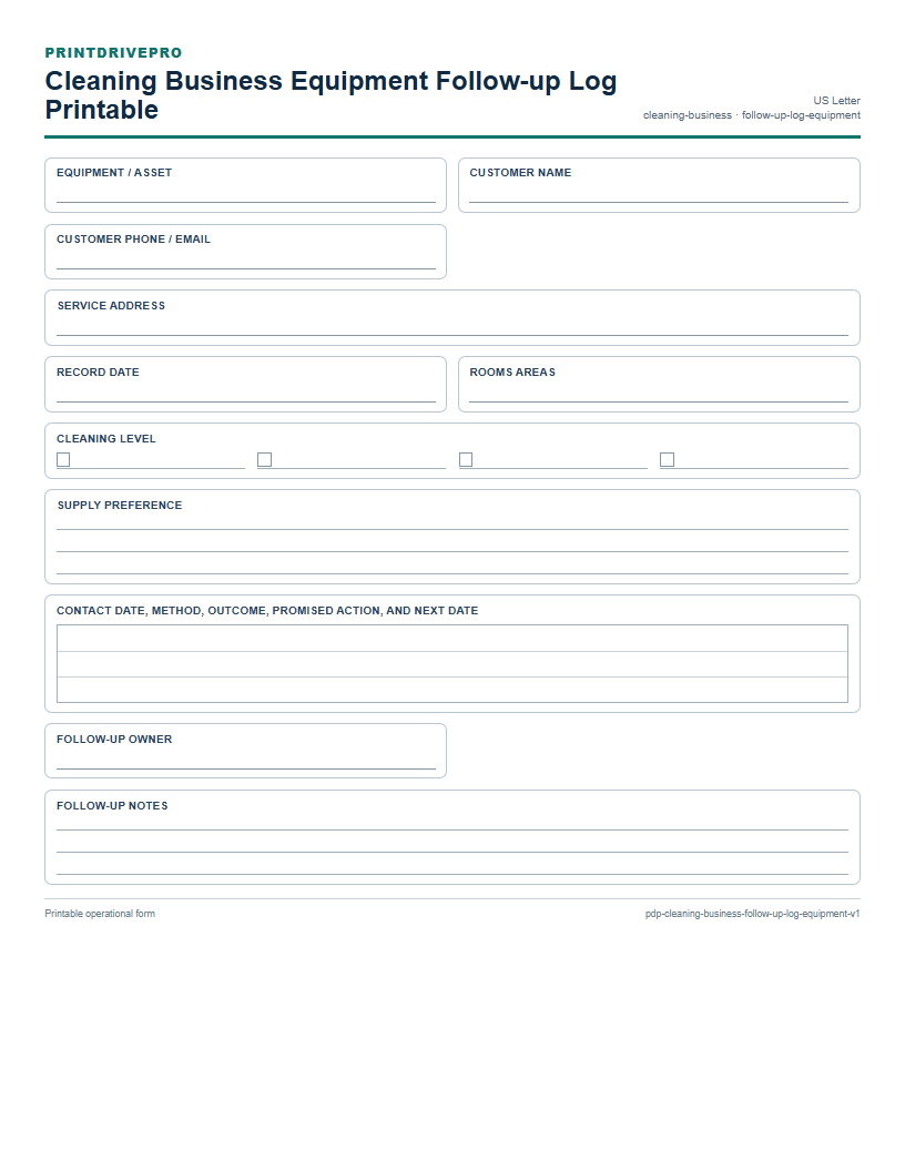 Cleaning Business Equipment Follow-up Log Printable preview