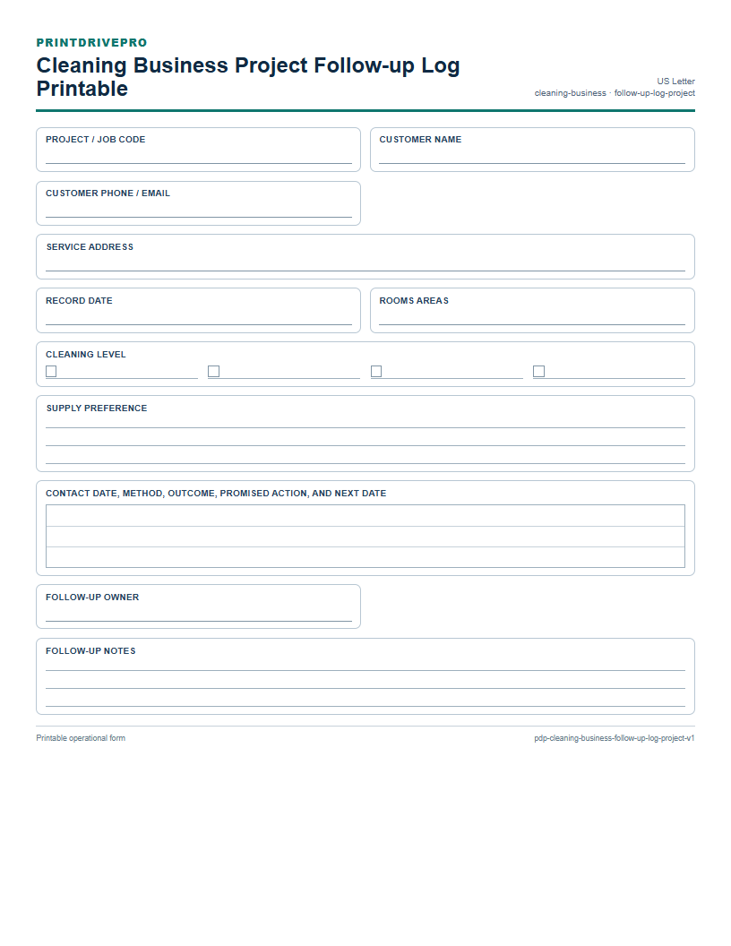 Cleaning Business Project Follow-up Log Printable preview